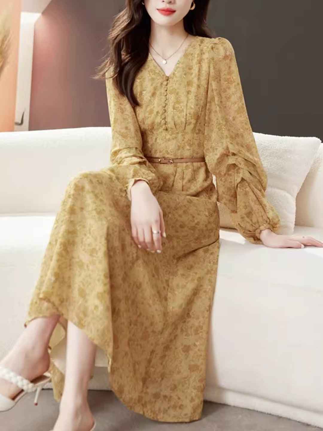 Brooke Classic V-Neck Floral Chiffon Dress