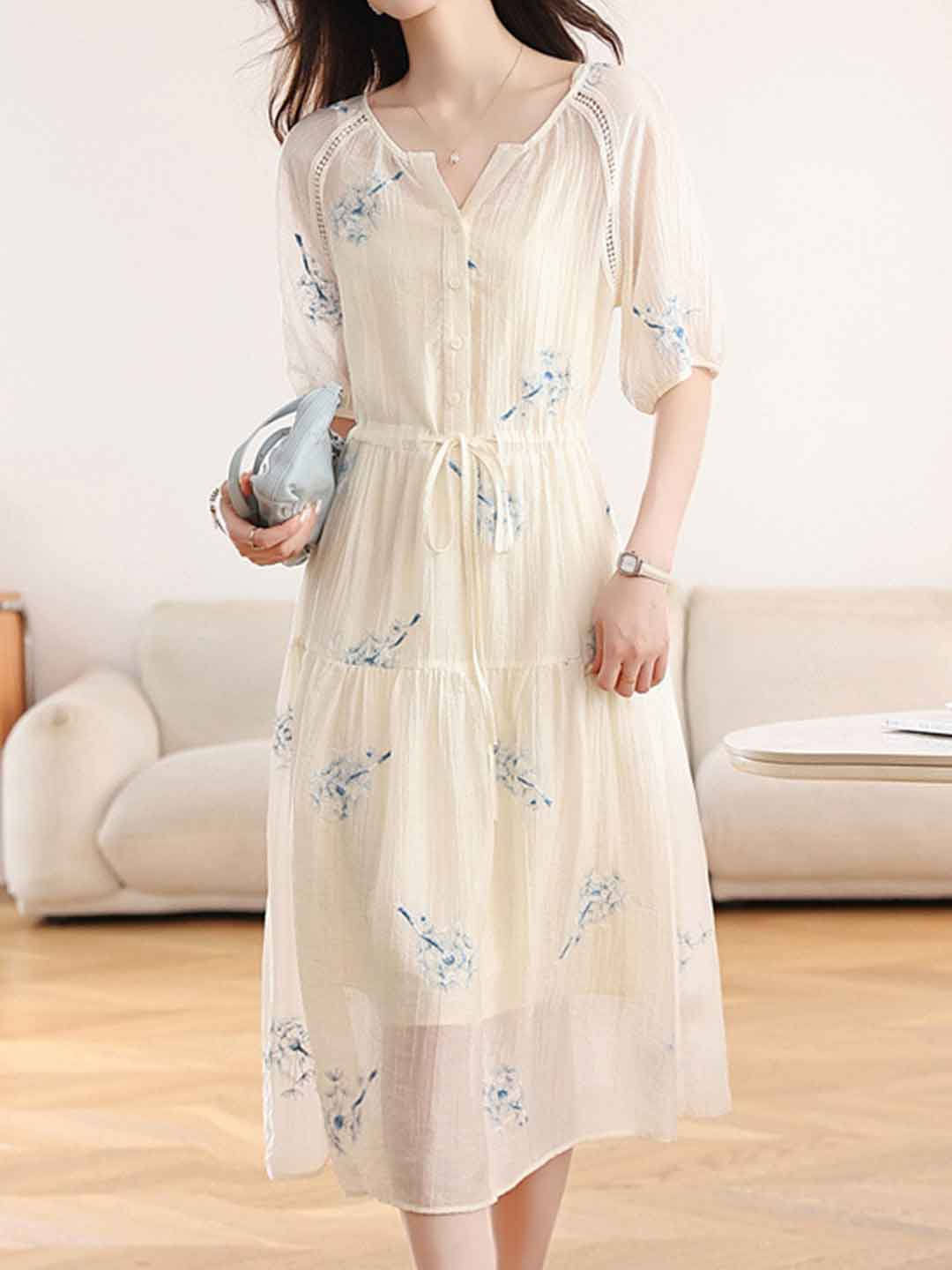 Sofia Waisted V-Neck Embroidered Dress