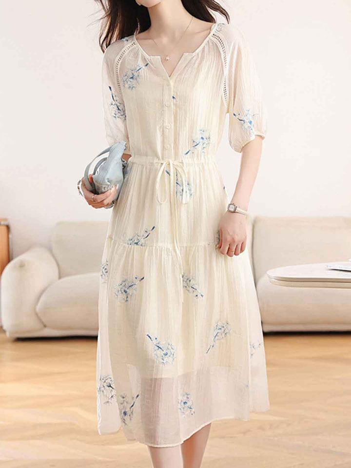 Sofia Waisted V-Neck Embroidered Dress