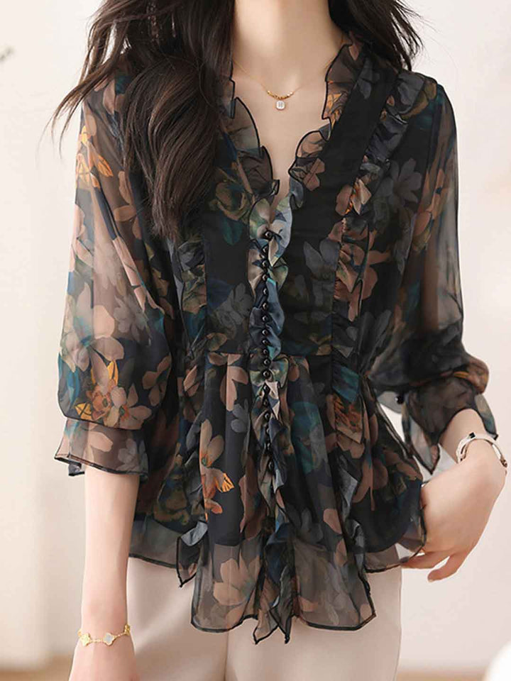 Taylor Daily V-Neck Ruffled Floral Chiffon Blouse