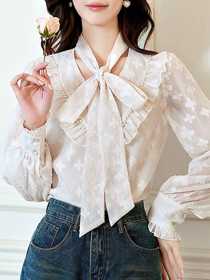 Lily Retro Tie Bow Lantern Sleeve Ruffle Chiffon Top