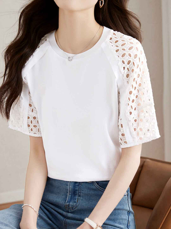 Eva Loose Crew Neck Hollowed Solid Color Top