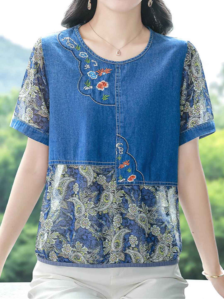 Mya Loose Crew Neck Embroidered Chiffon Top