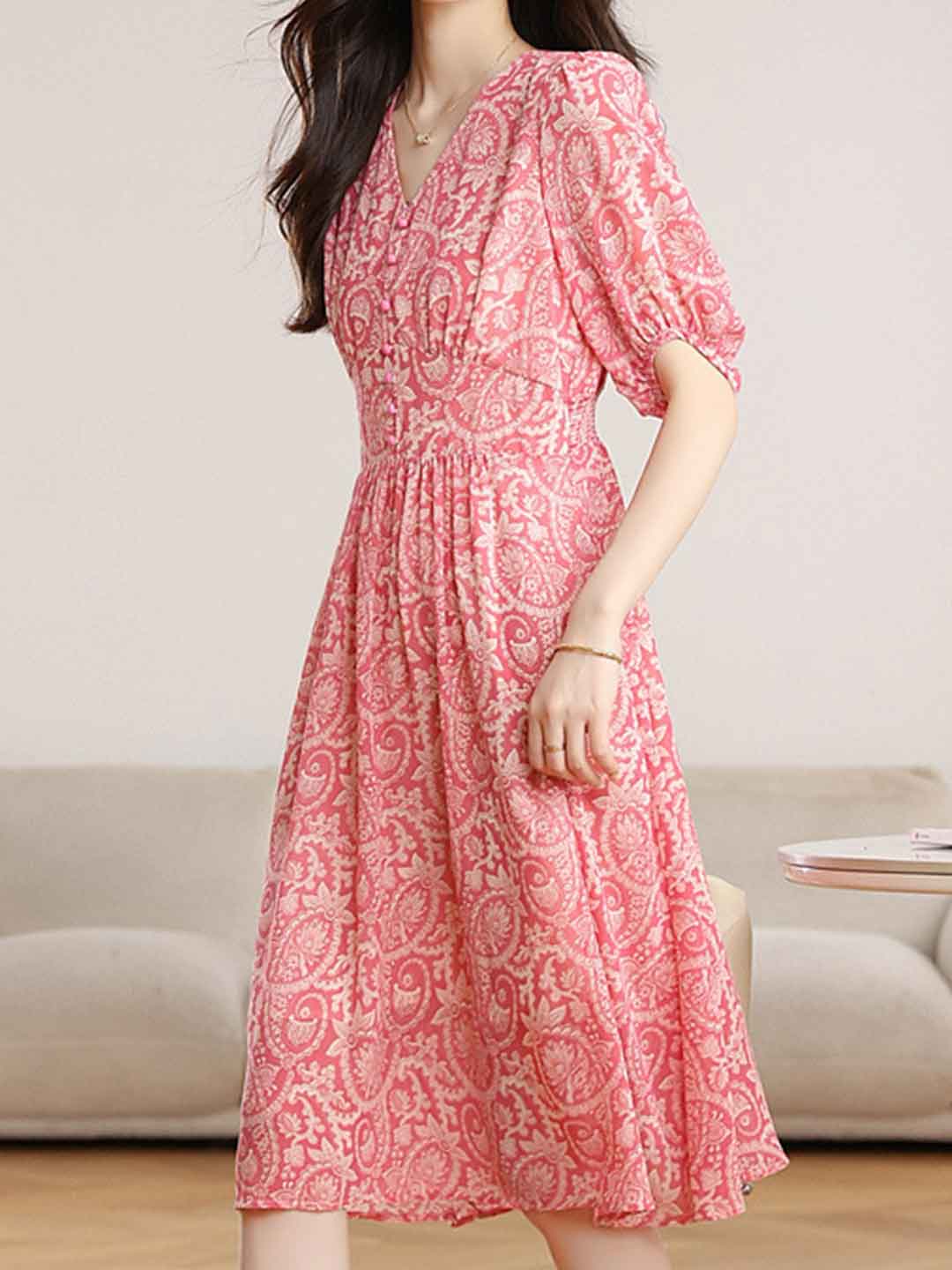 Victoria Classic V-Neck Floral Chiffon Dress