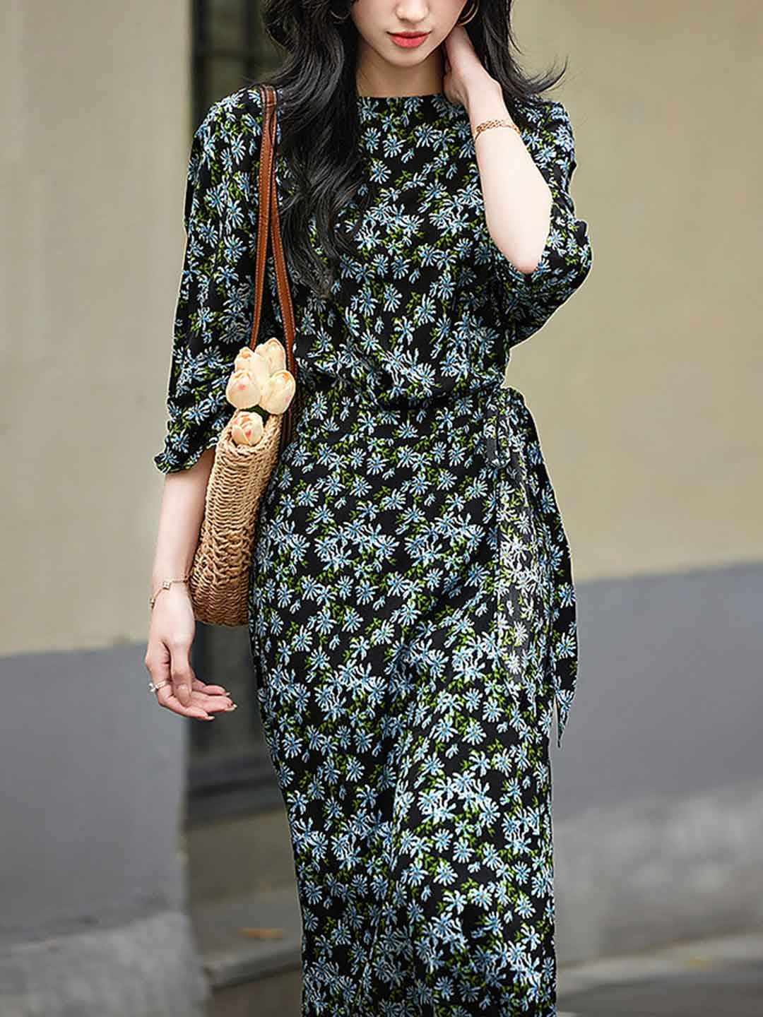 Ella Elegant Boat Neck Waist Floral Dress