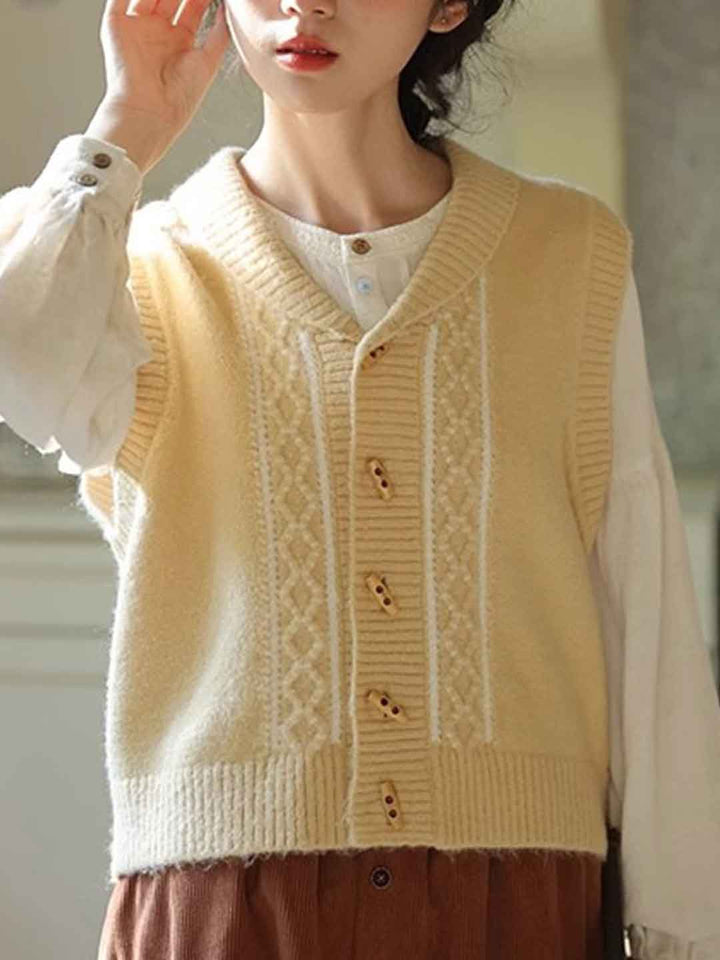 Mia Vintage V-Neck Horn Button Knitted Vest