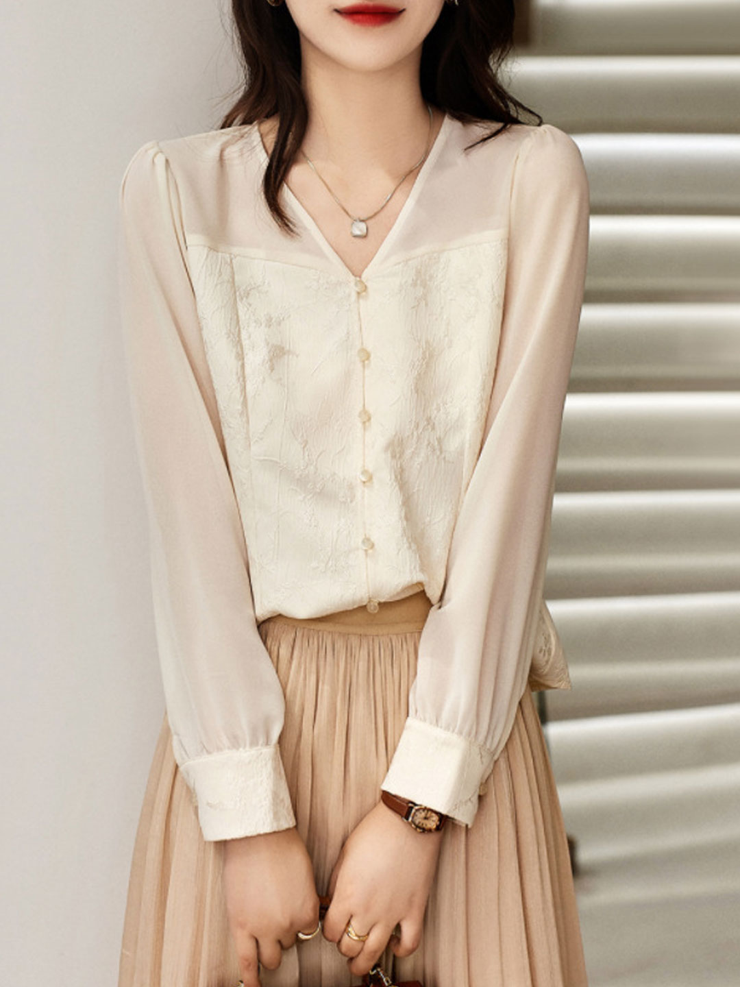 Sophie Chic V-Neck Mesh Embroidered Top