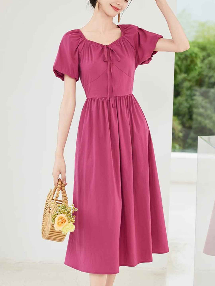 Faith Retro V-Neck Puff Sleeve Solid Color Dress