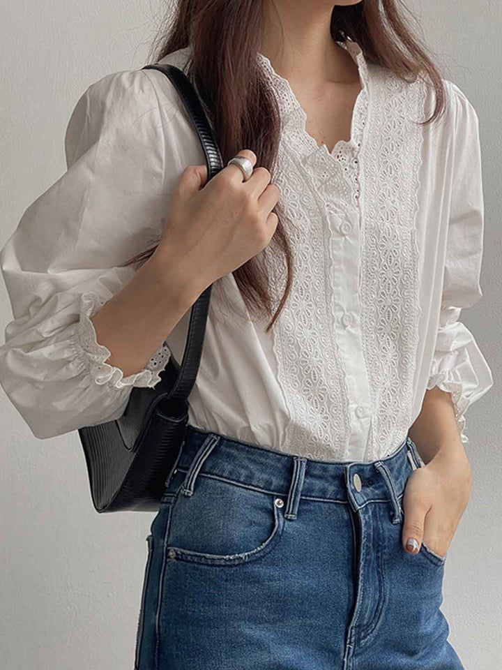 Mia Retro V-Neck Crocheted Lace Trim Top