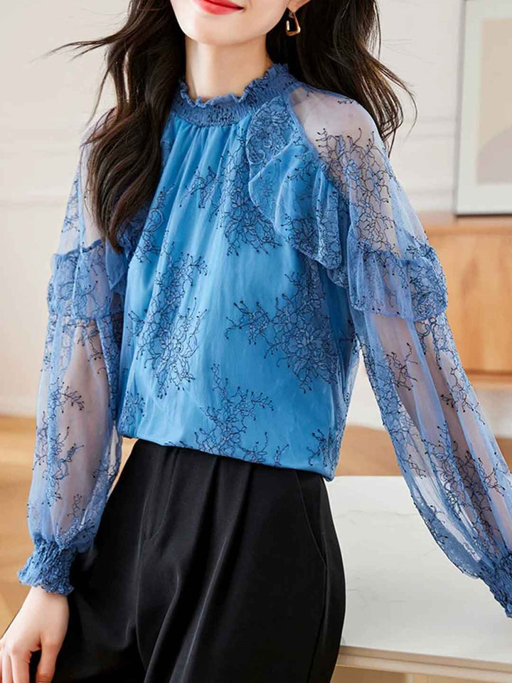 Grace Elegant Ruffled Collar Lantern Sleeve Lace Top