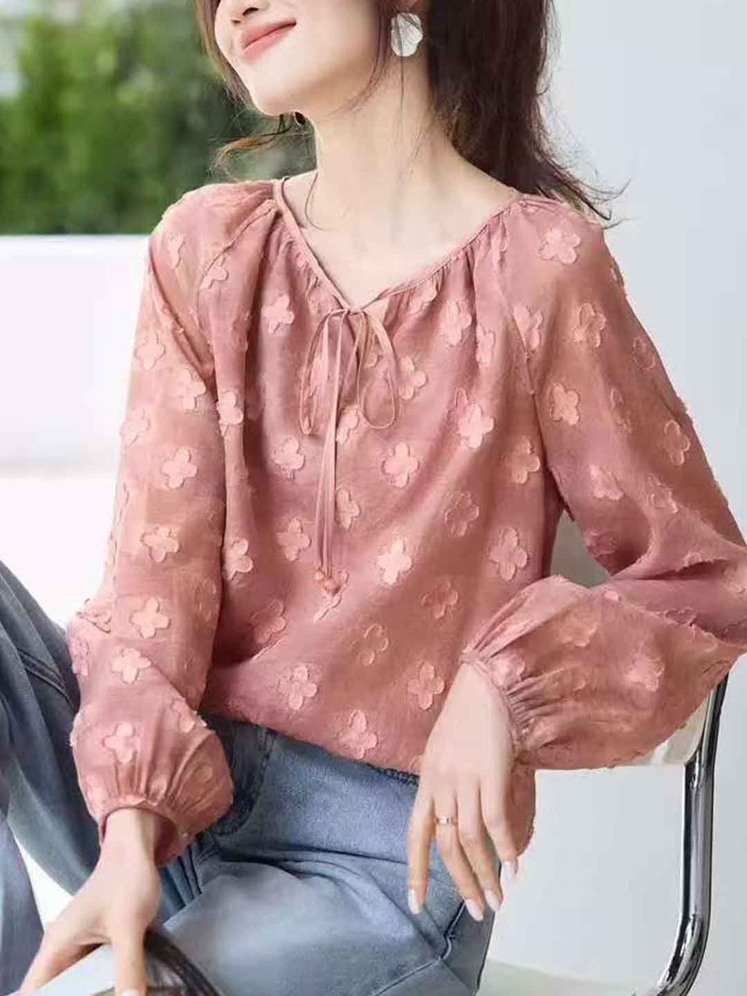 Mariah Spring V-Neck Jacquard Textured Top