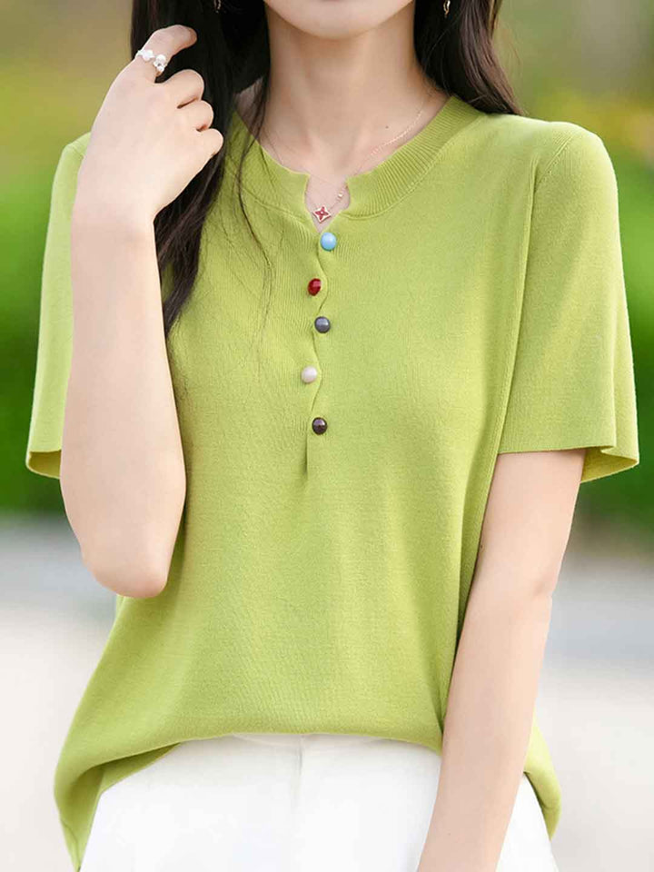 Khloe Classic Crew Neck Colorful Buttons Knitted Top-Blue