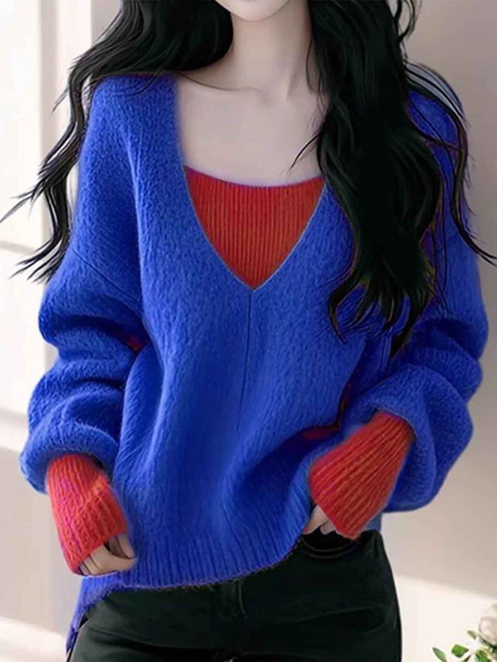 Emily Daily V-Neck Patchwork Mock Two-Piece Knitted Top