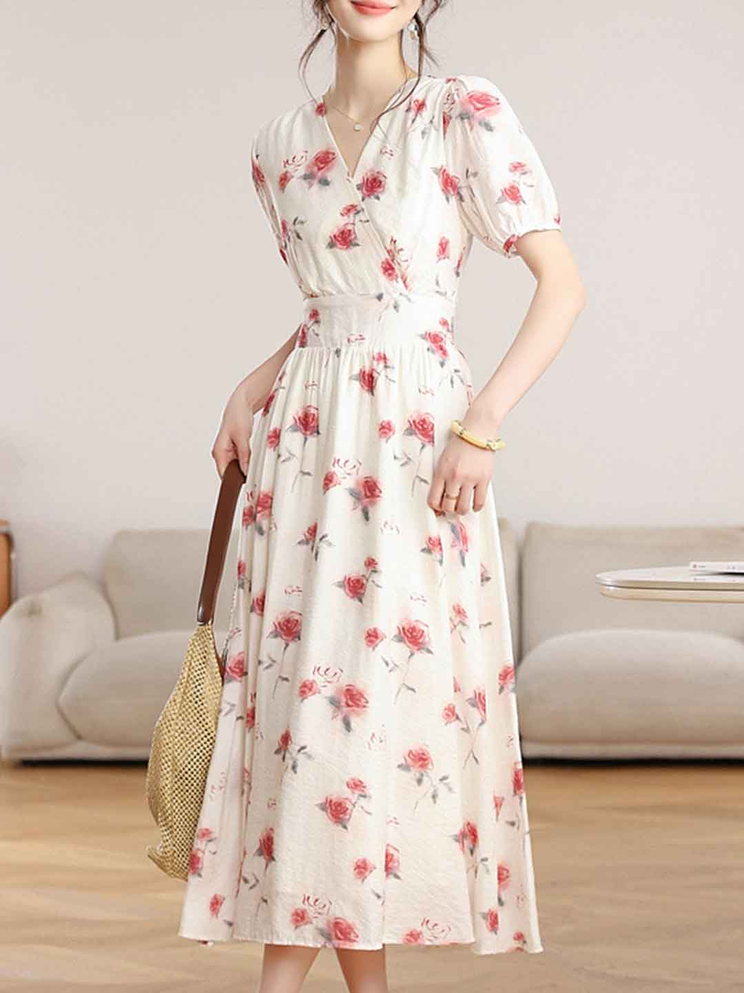 Mia Vacation V-Neck Puff Sleeve Floral Dress