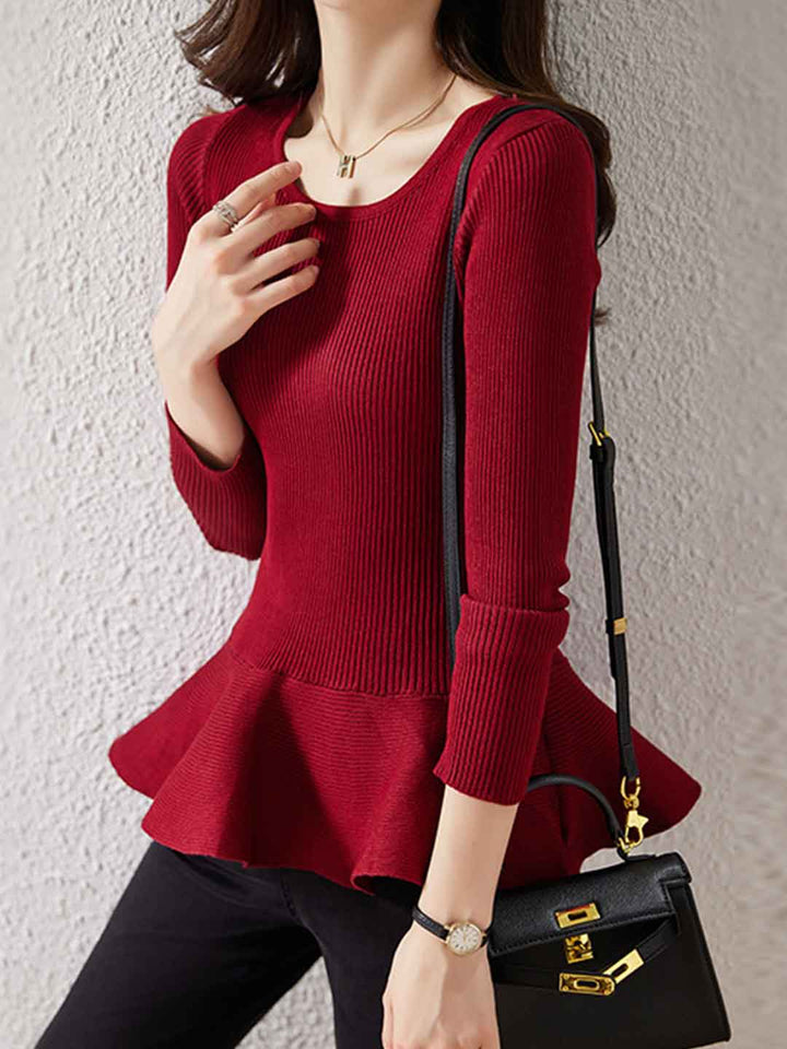 Jocelyn Slim Crew Neck Ruffled Knitted Top