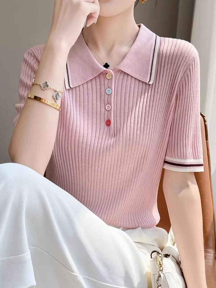 Leah Classic Lapel Colorful Button Knitted Top