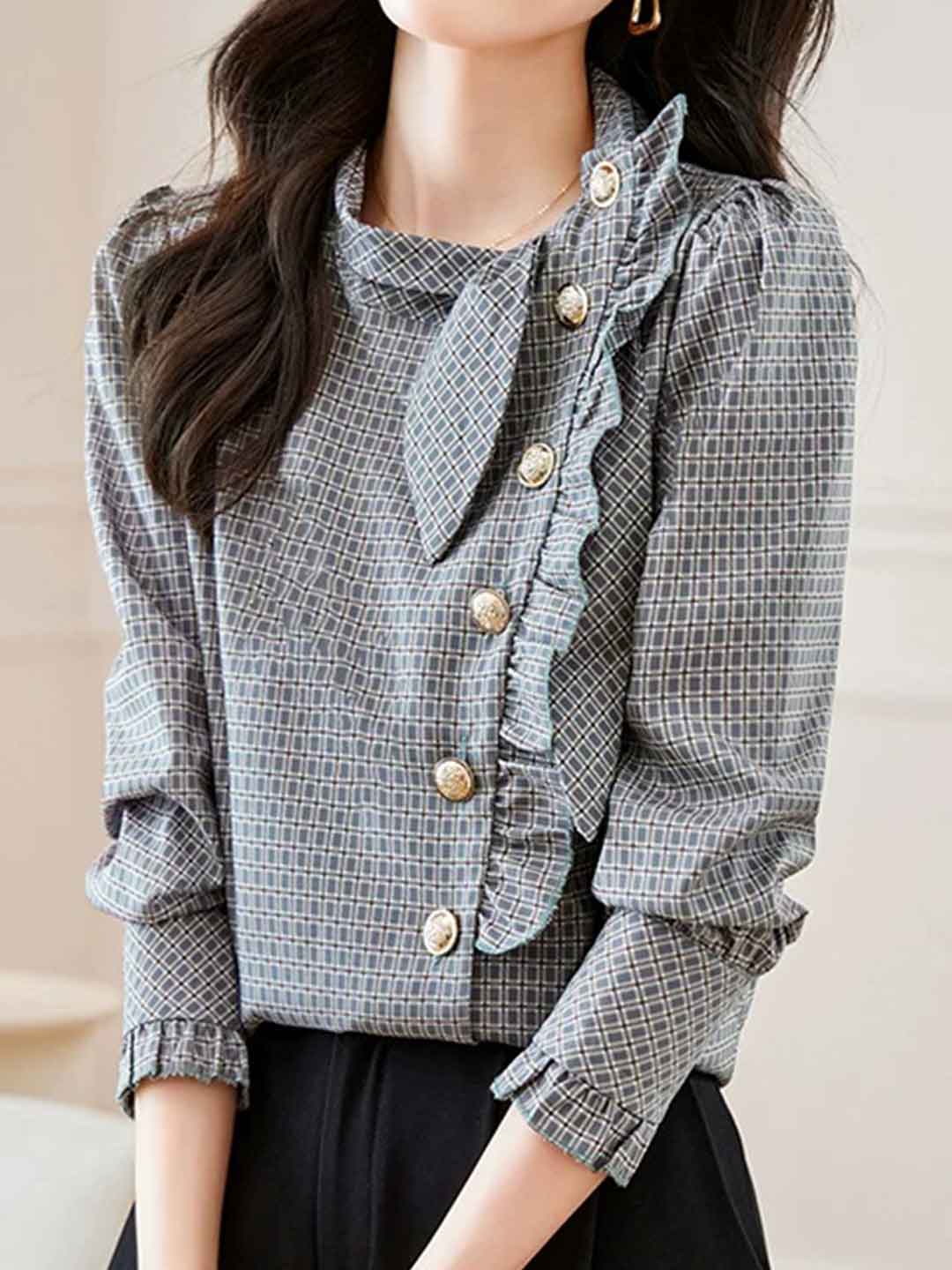 Brianna Chic Doll Collar Puff Sleeve Plaid Shirt