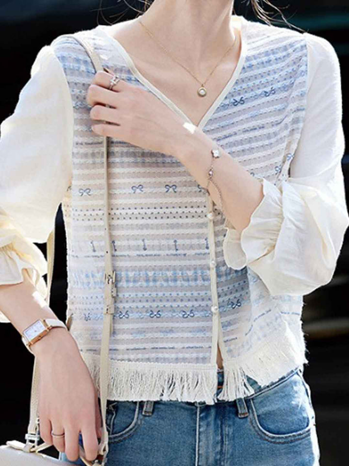 Mariah Loose V-Neck Hollowed Embroidered Chiffon Top
