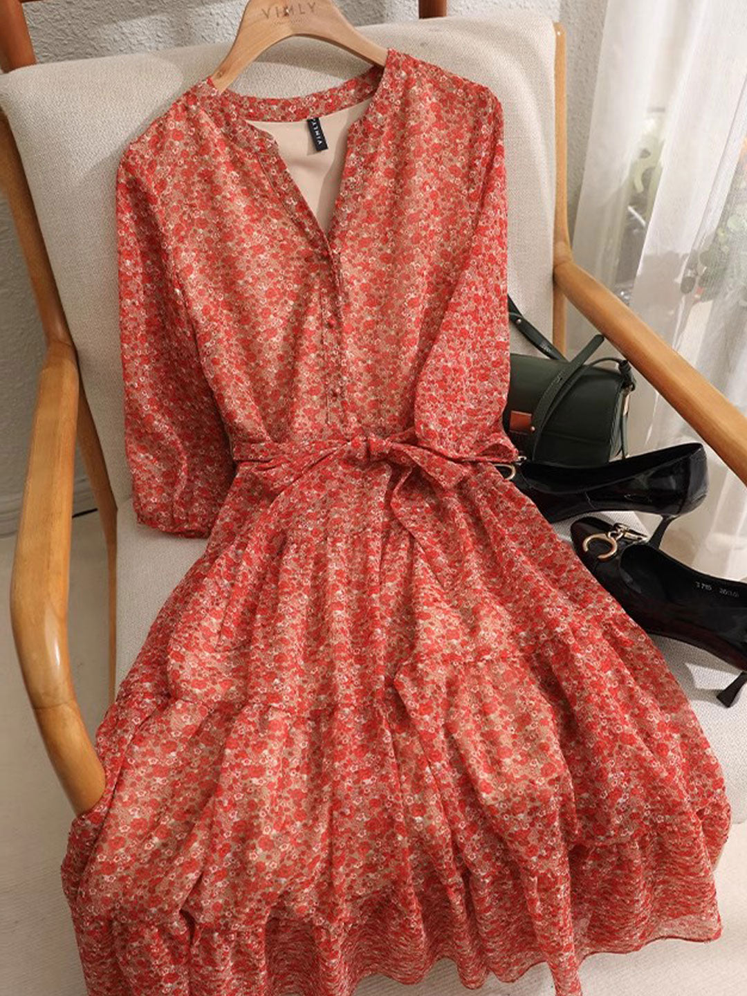 Alexis Vintage Ruffle Floral Chiffon Dress