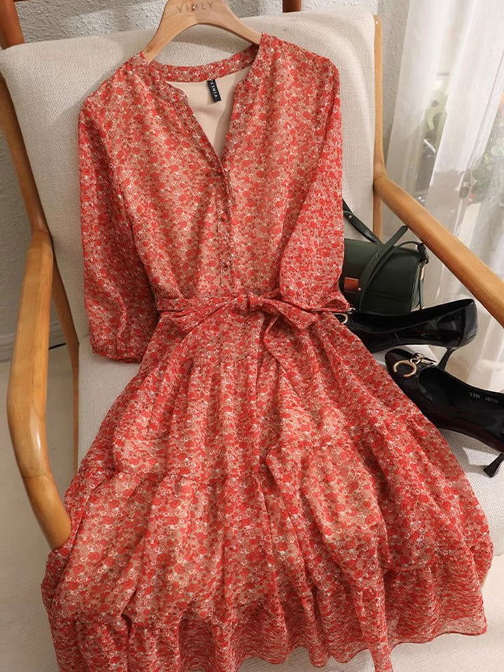 Alexis Vintage Ruffle Floral Chiffon Dress