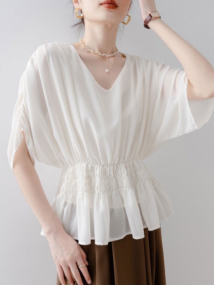 Hailey Loose V-neck Waisted Batwing Sleeve Shirt