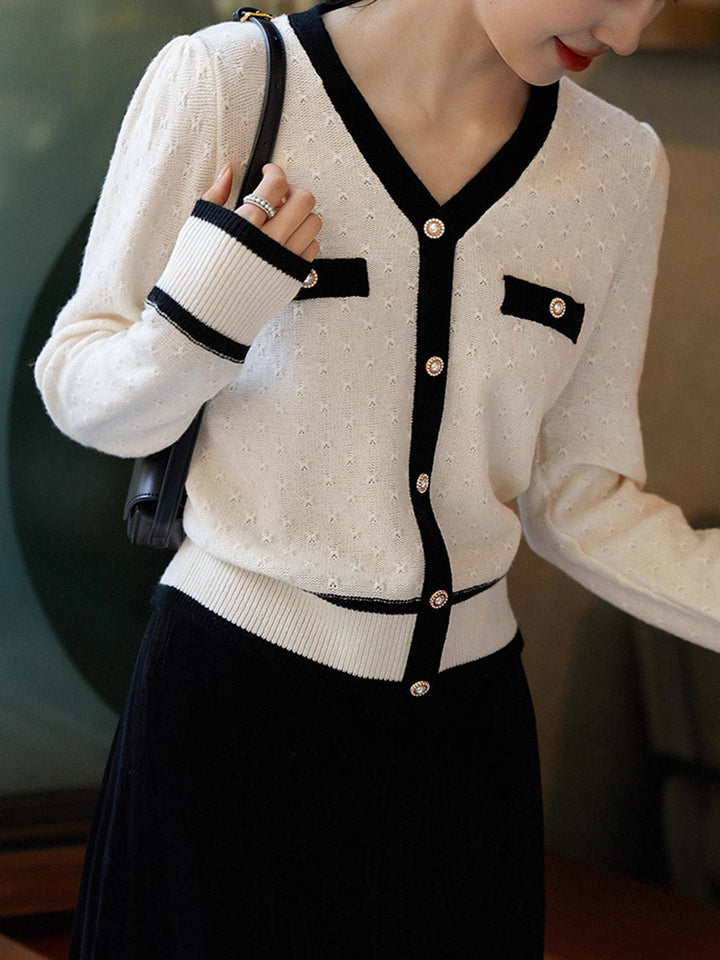 Hannah Casual V-Neck Textured Jacquard Knitted Sweater