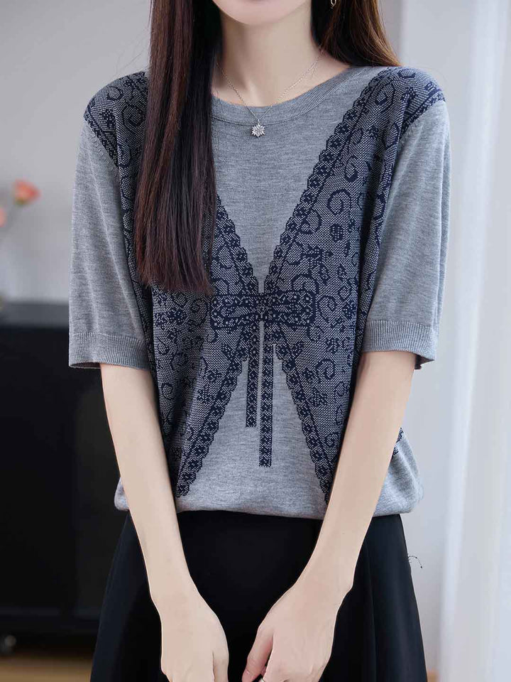 Sophie Loose Crew Neck Color-Block Jacquard Knitted Top