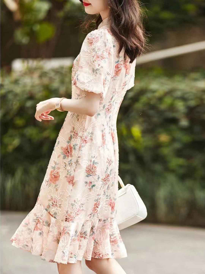 Emma Retro Puff Sleeve Embroidered Lace Dress