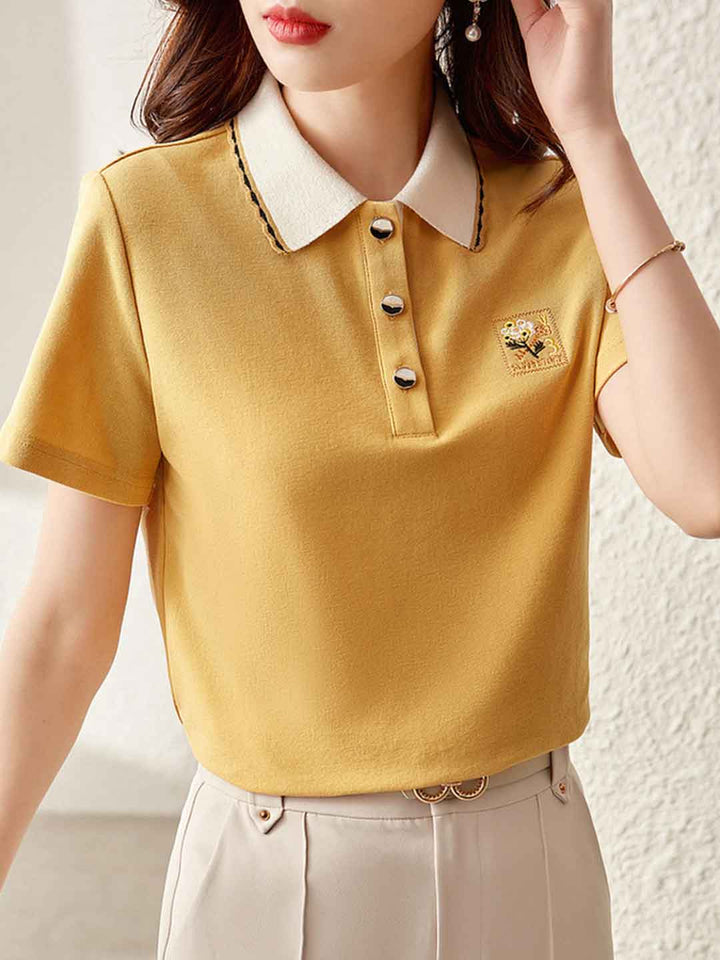 Bailey Casual Polo Neck Embroidered Contrasted Top