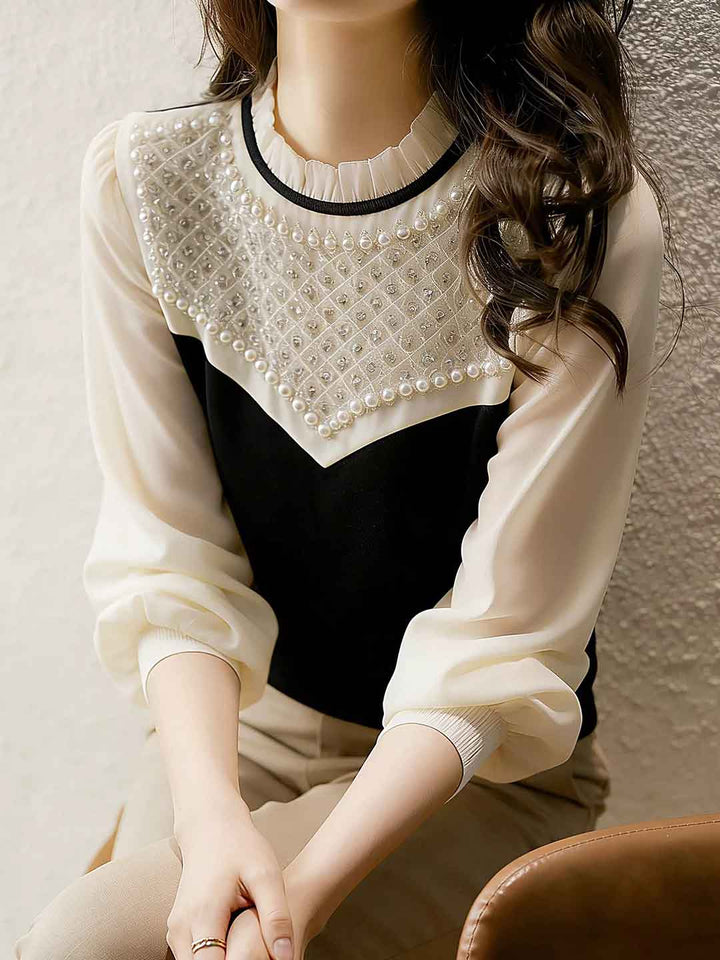 Jocelyn Vintage Crew Neck Beaded Patchwork Top
