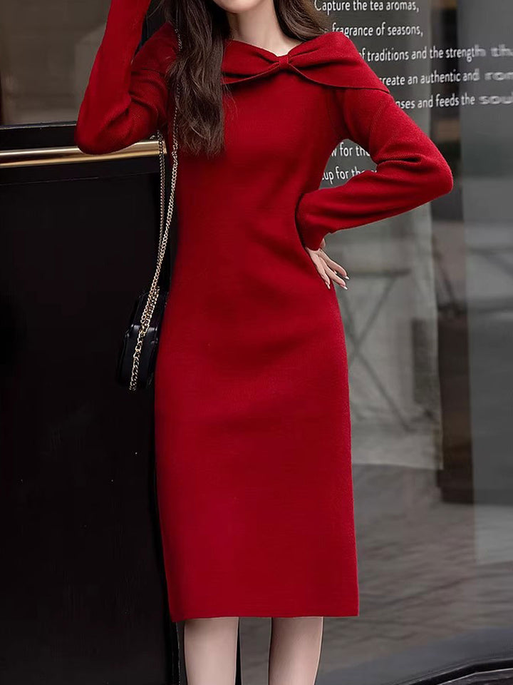 Brianna Elegant Bow Tie Solid Color Knitted Dress