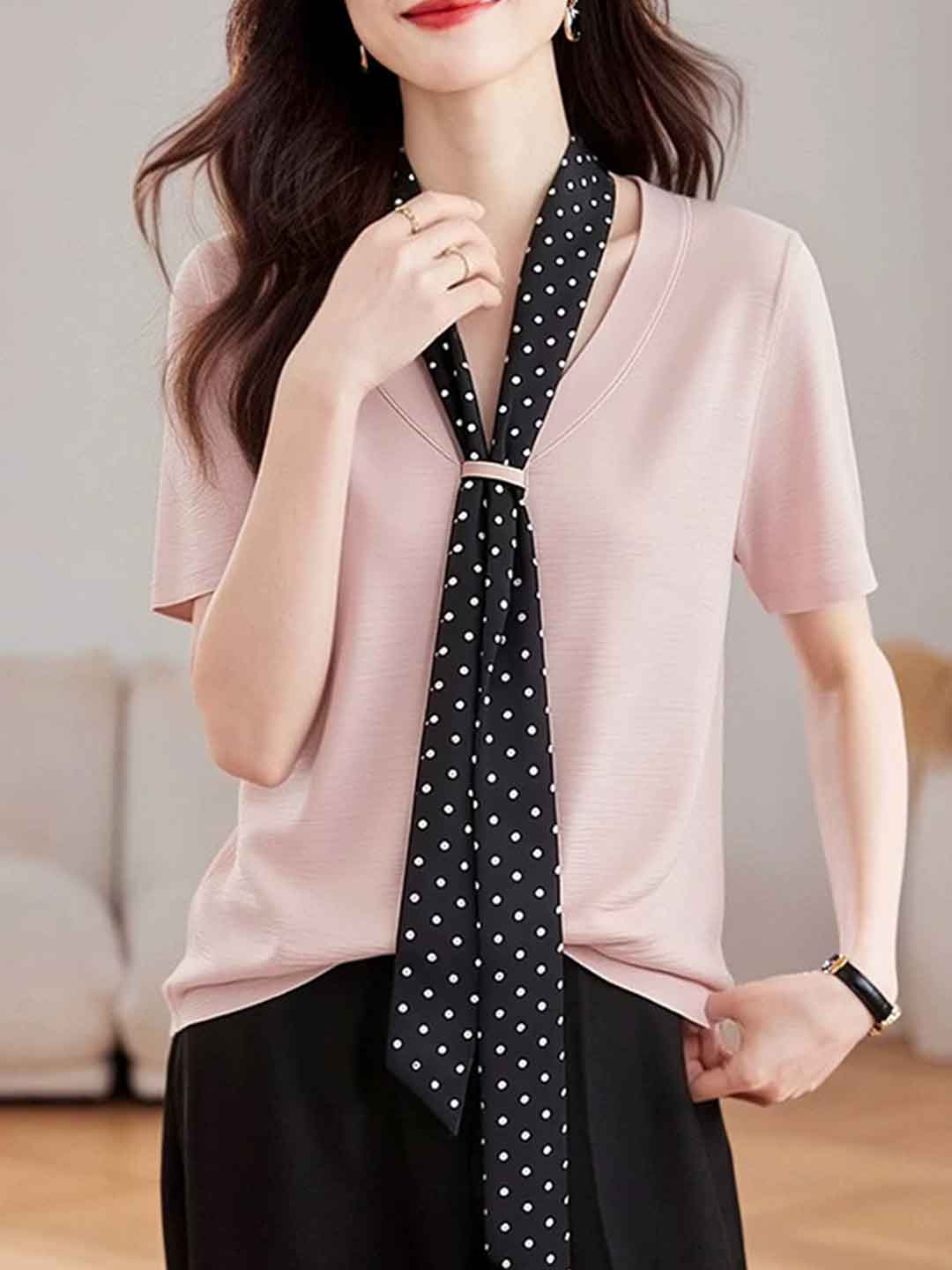 Leah Daily V-Neck Polka Dot Ribbon Top