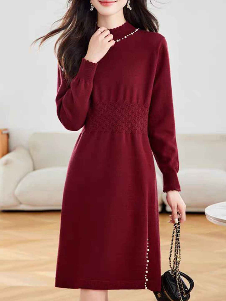 Victoria Casual Turtleneck Beaded Knitted Sweater Dress