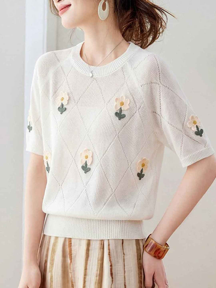 Emily Classic Crew Neck Hollowed Embroidered Knitted Top