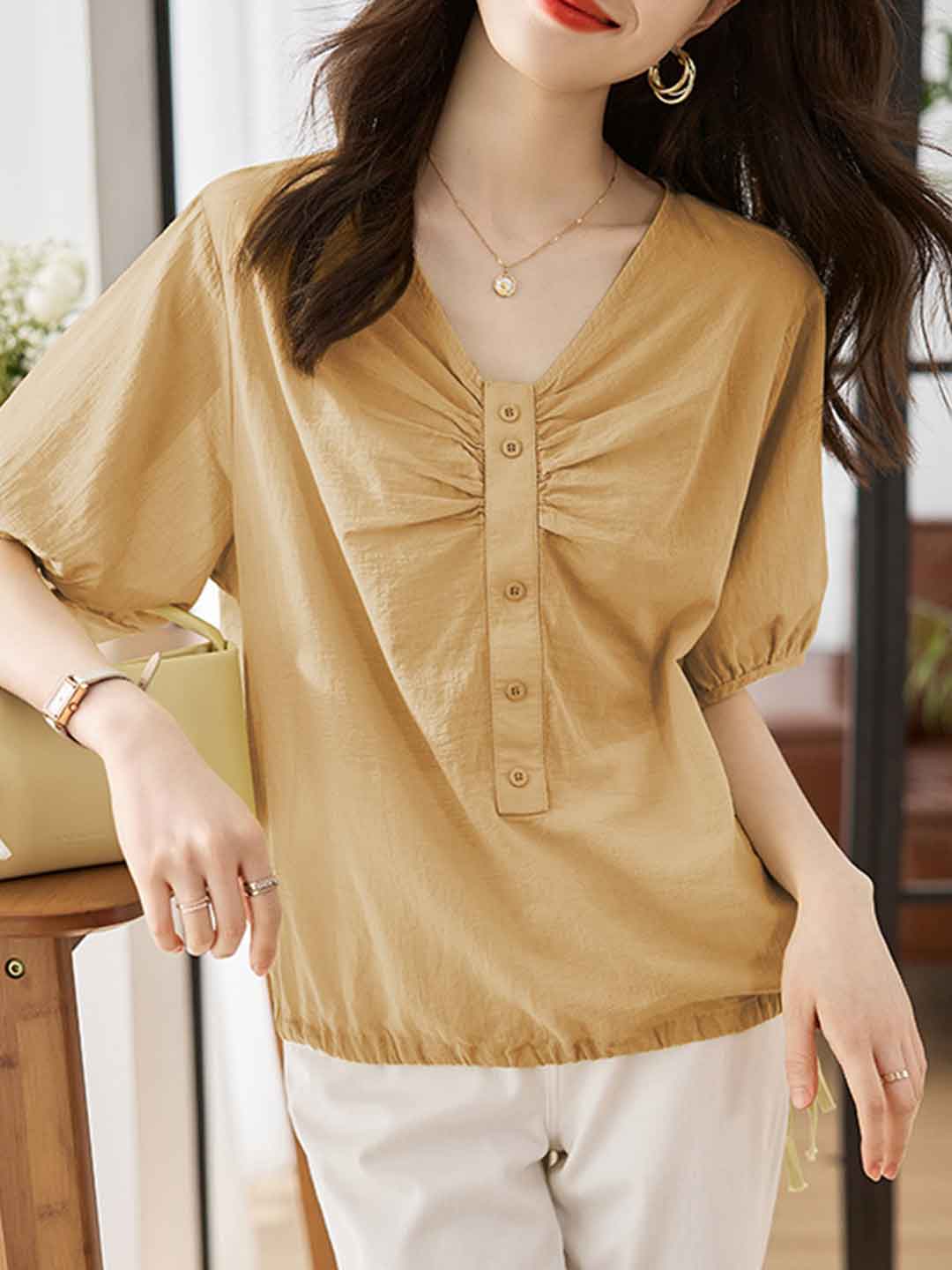 Morgan Loose V-Neck Ruched Solid Color Blouse