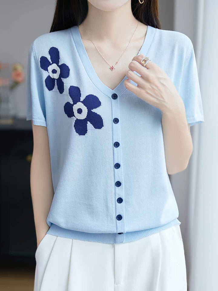 Trinity Loose V-Neck Jacquard Knitted Top