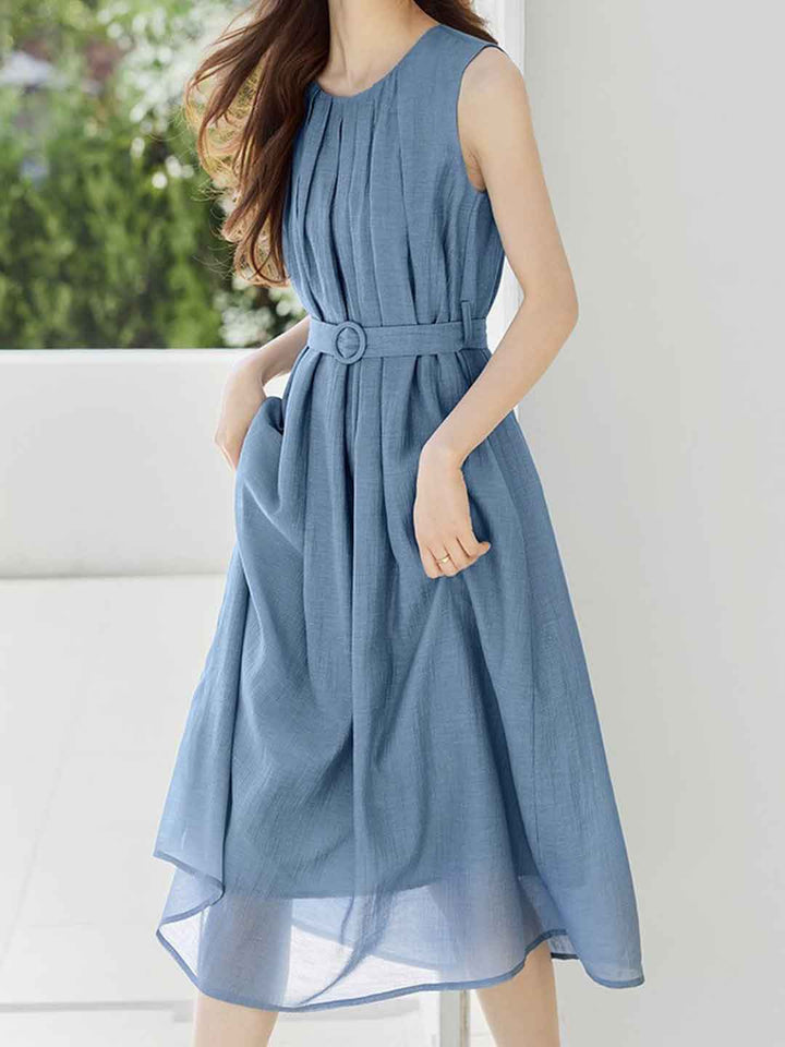 Gabriella Elegant Crew Neck Pleated Waisted Dress