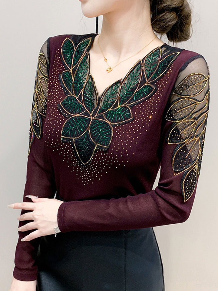 Evelyn Slim V-Neck Mesh Lace Rhinestone Top