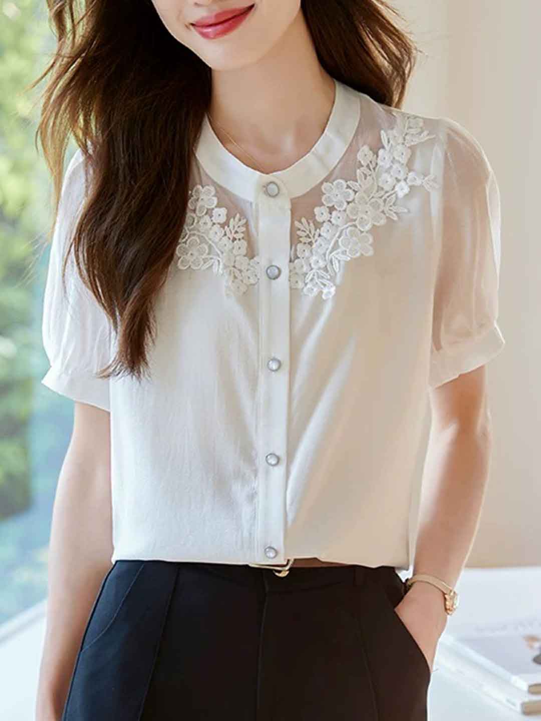 Kaylee Elegant V-Neck Puff Sleeve Embroidered Chiffon Top