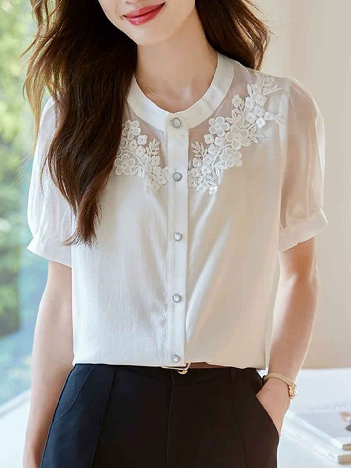 Kaylee Elegant V-Neck Puff Sleeve Embroidered Chiffon Top