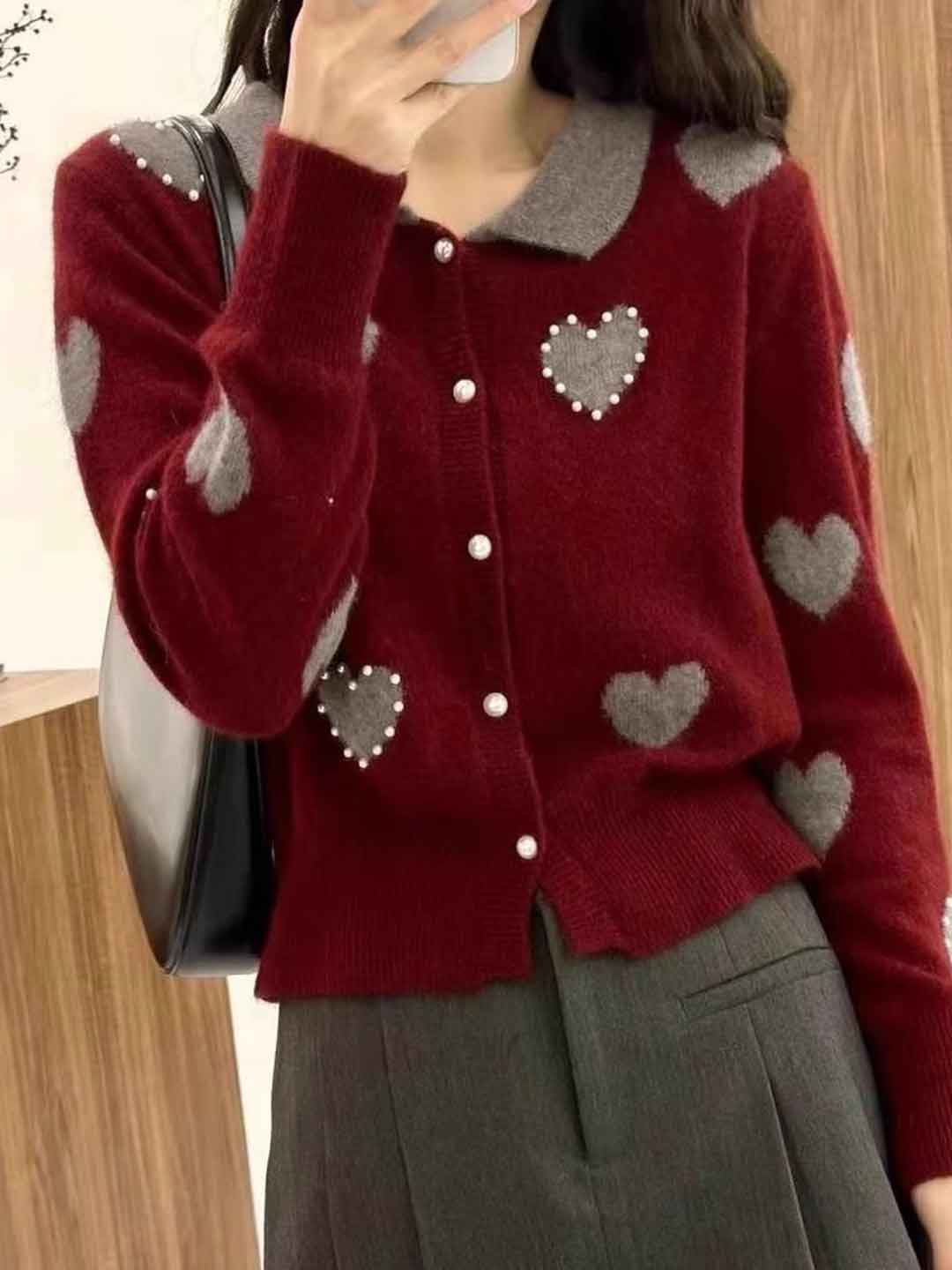 Gianna Retro Lapel Heart Beaded Knitted Cardigan