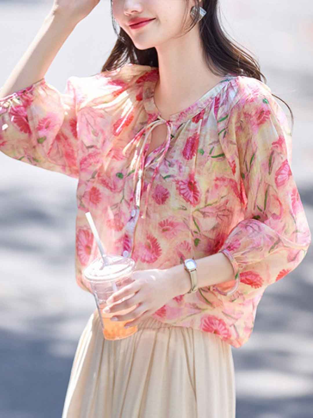 Brianna Loose Crew Neck Tie Printed Top