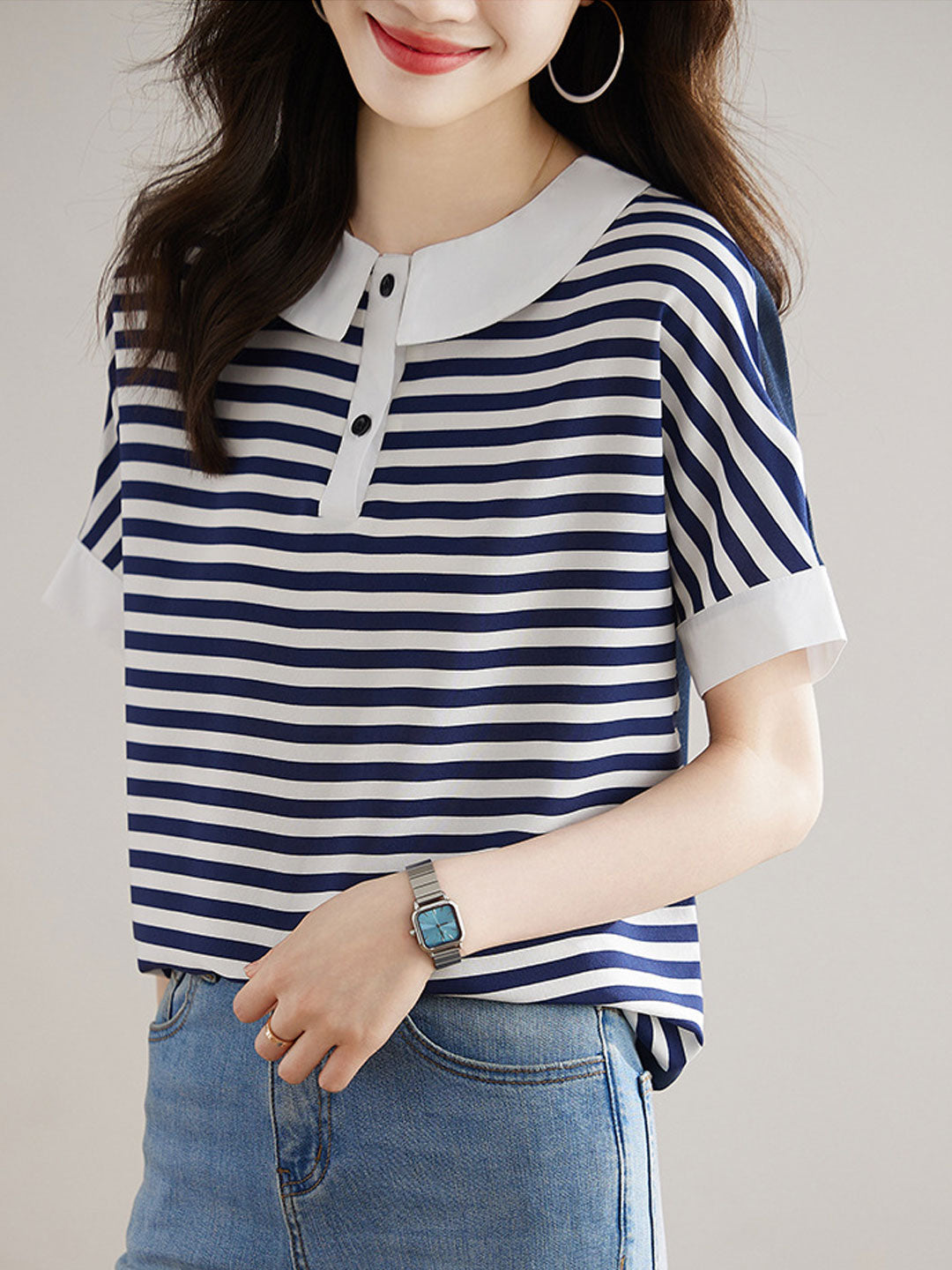 Brianna Loose Doll Collar Contrasted Chiffon Top