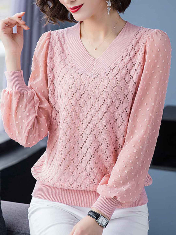 Taylor Classic V-Neck Sheer Sleeve Solid Color Top