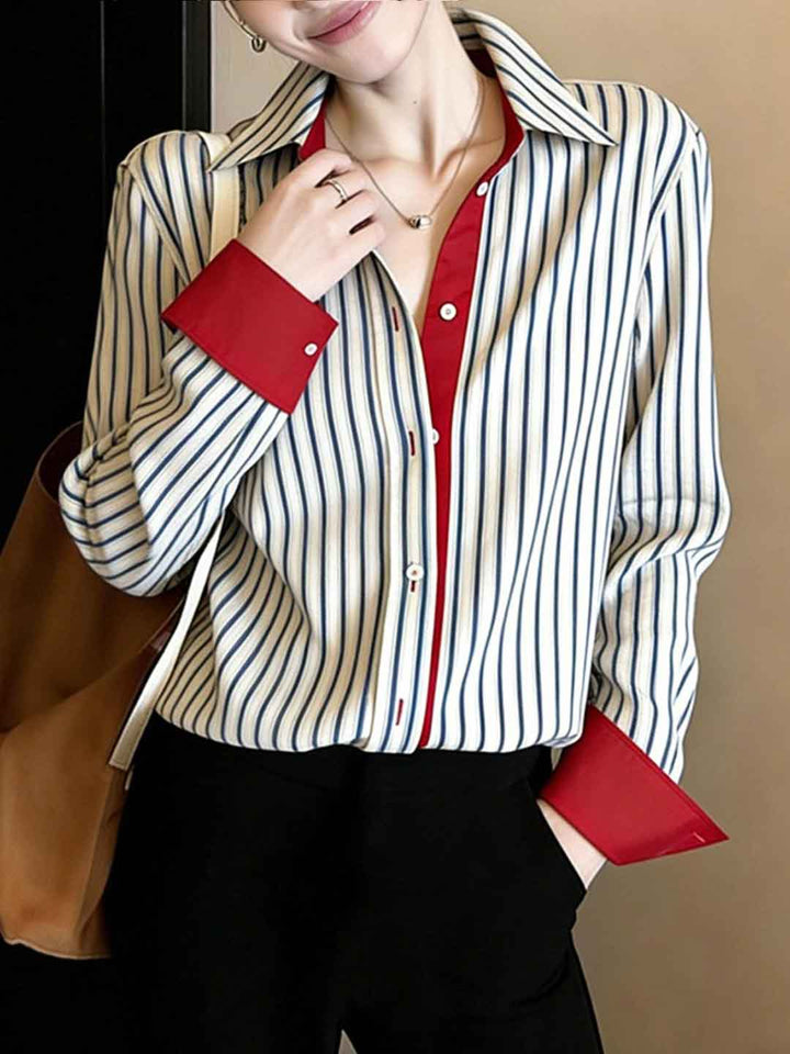 Emma Daily Polo Collar Striped Color-Blocked Shirt