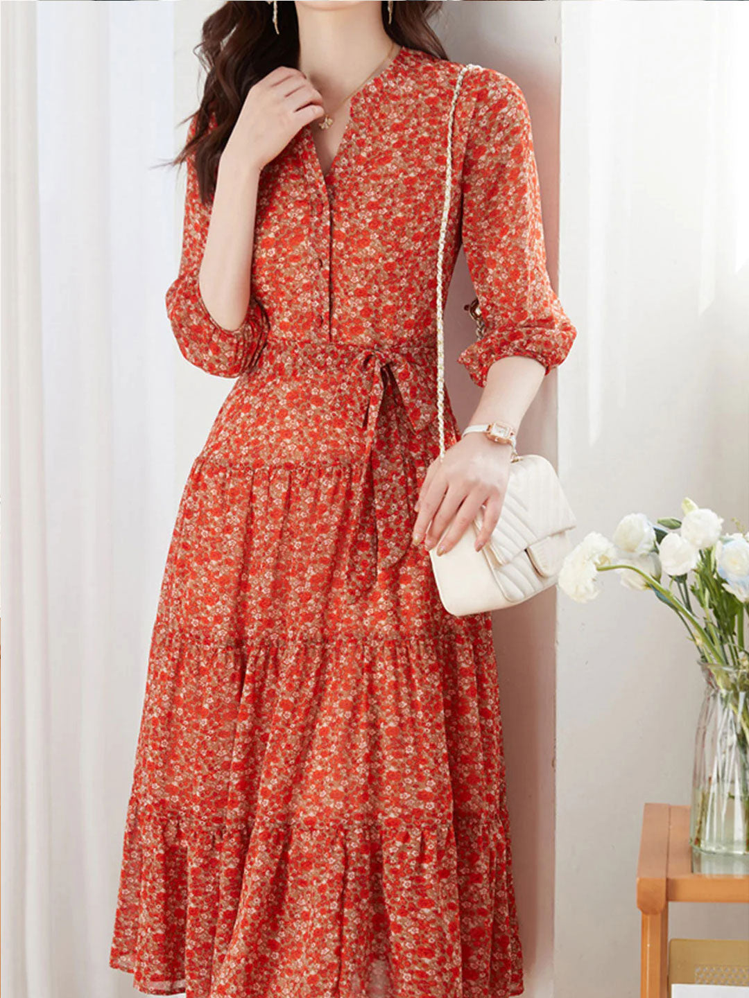 Alexis Vintage Ruffle Floral Chiffon Dress