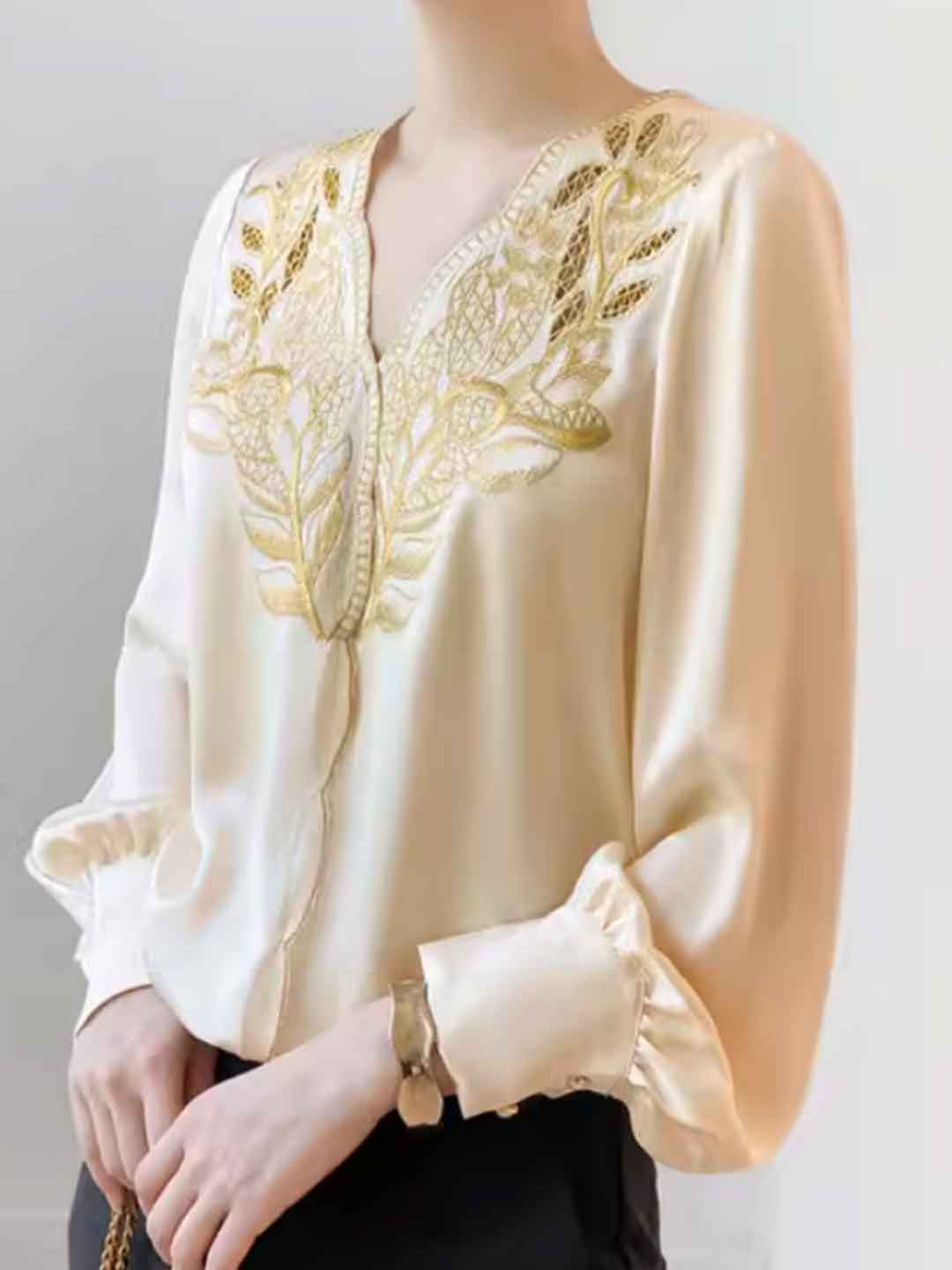 Zoey Loose V-Neck Embroidered Hollowed Blouse