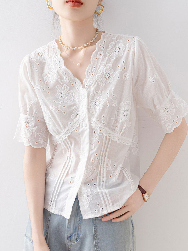 Avery Daily V-Neck Puff Sleeve Hollowed Blouse