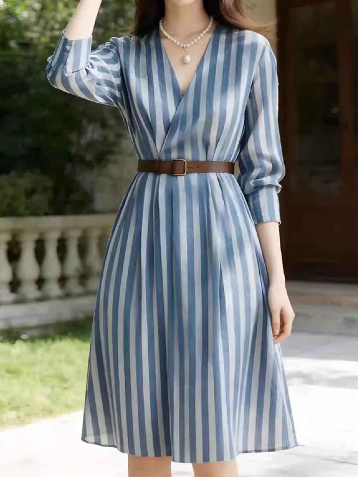 Mia Classic V-Neck Waisted Striped Dress