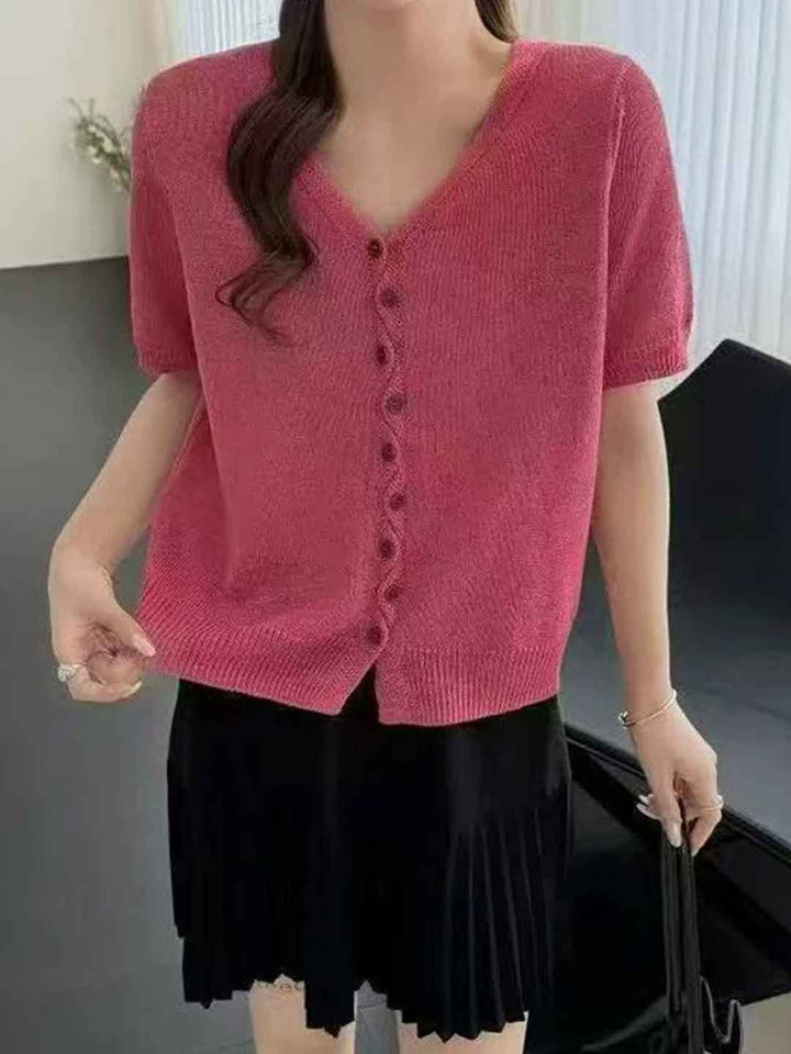 Chloe Casual V-Neck Buttons Solid Color Knitted Top